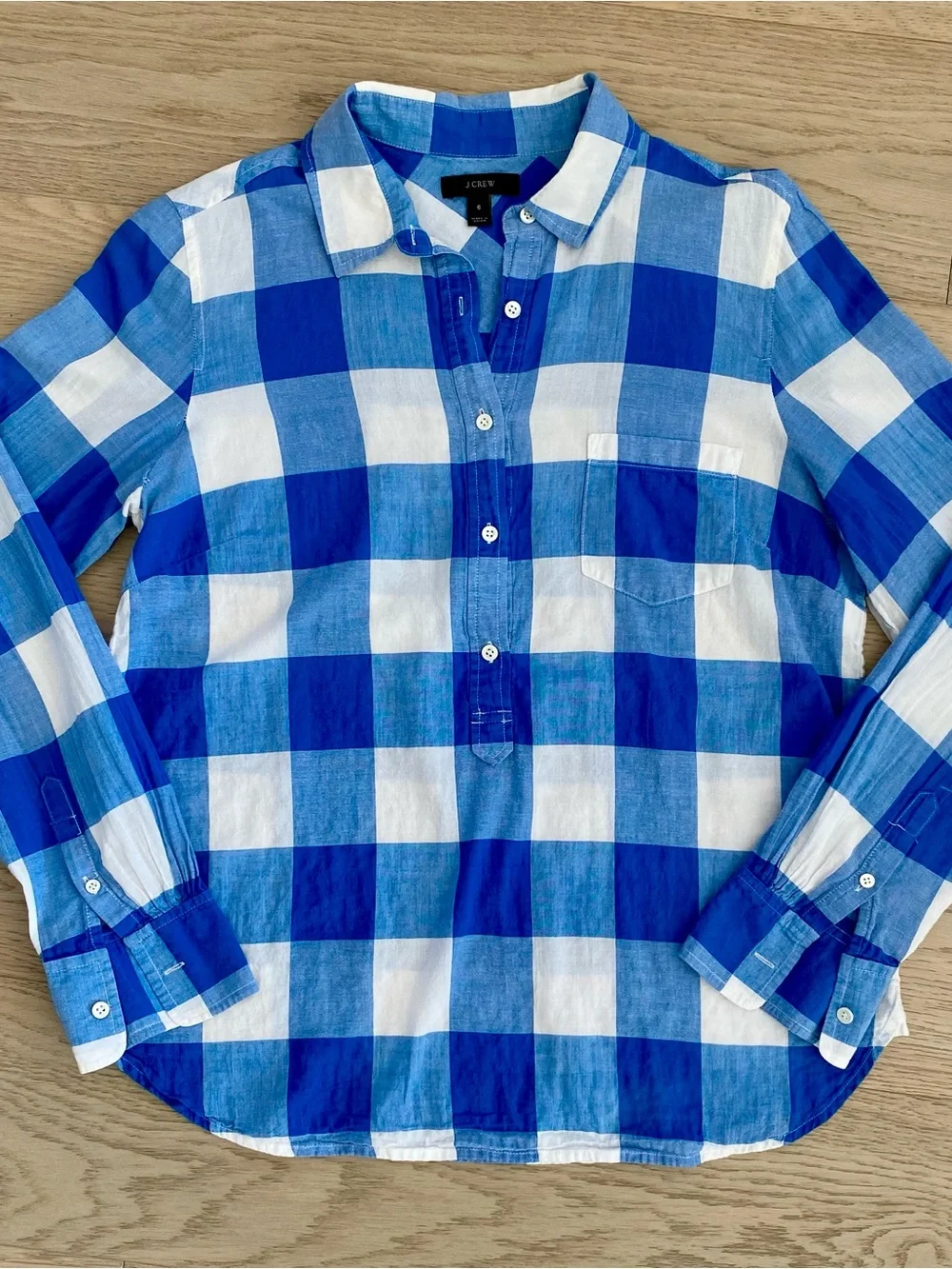 J.Crew Blue White Buffalo Plaid Popover Henley Top Shirt, size 6